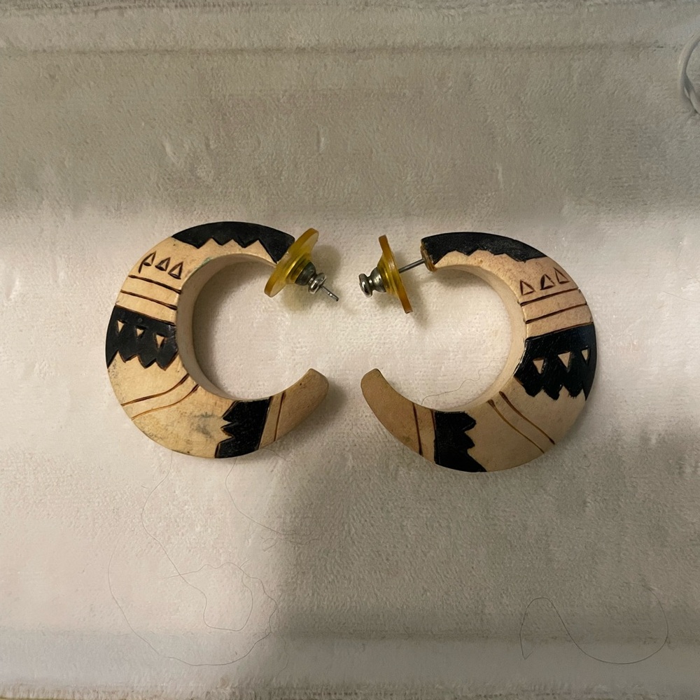 Handmade Painted And Carved Native American Crescent Moon Earrings